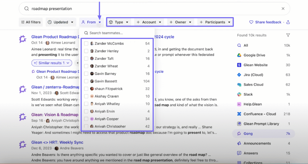 Glean search filters showing teamamate selection list