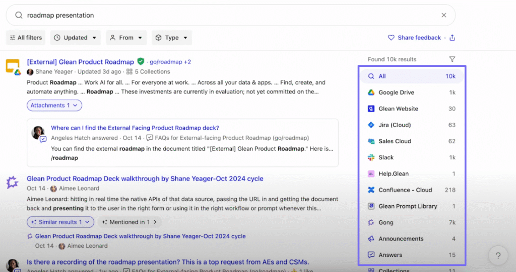 Glean search result for roadmap presentation