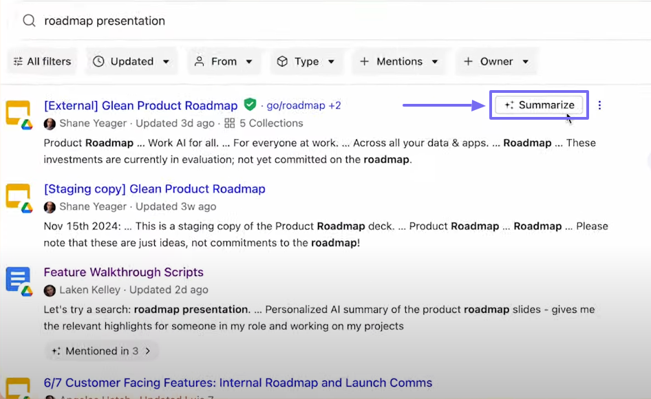 Glean search results with document summary option