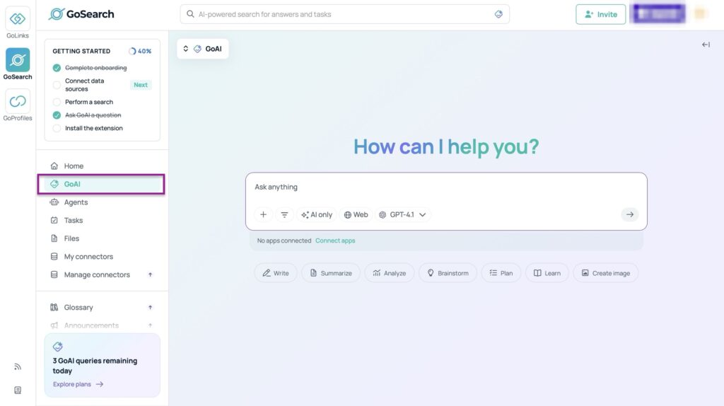 Go AI main dashboard with chat inpt box