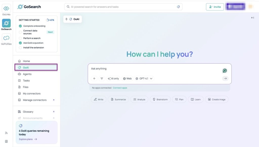 GoAI dashboard showing main interface and options