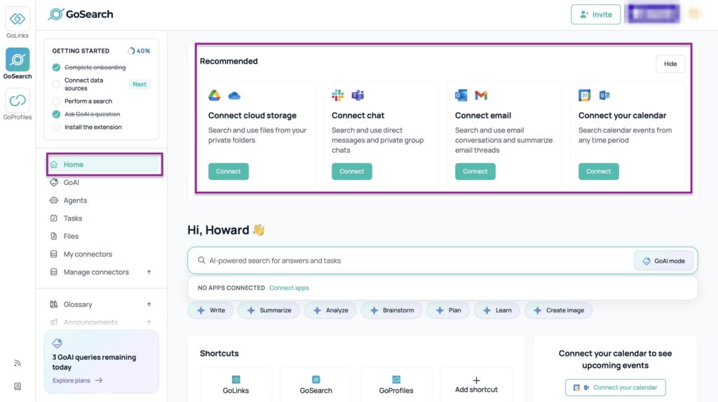 GoAI home dashboard showing app connection options
