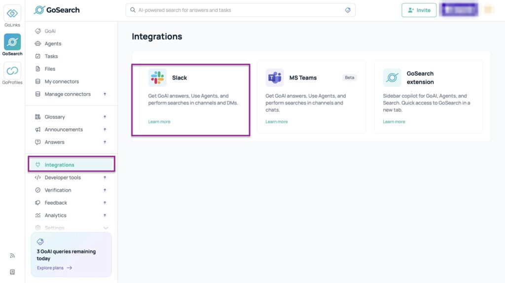 GoAI integration page showing Slack and Teams options