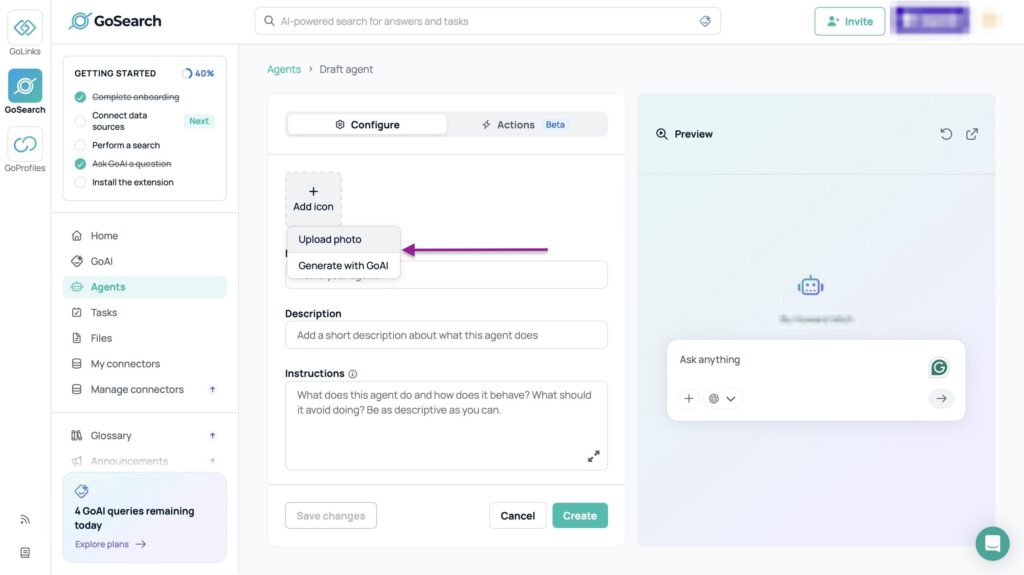 GoSearch agent creation screen showing options to upload or generate icon using GoAI