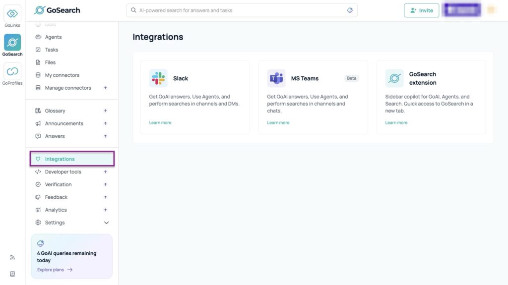 GoSearch integrations page showing available connection options