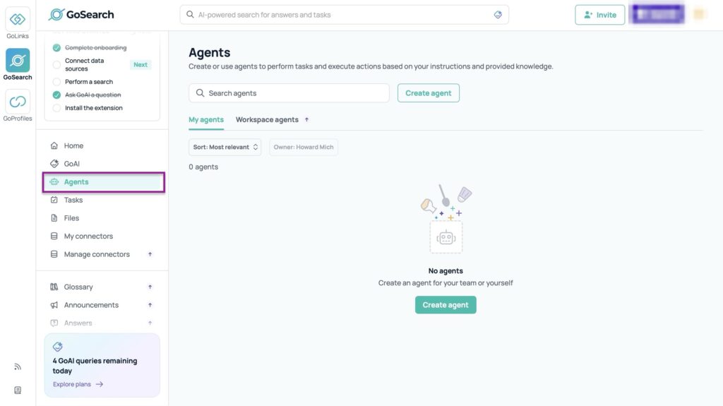 GoSearch interface showing the agents section and option to creae a new agent