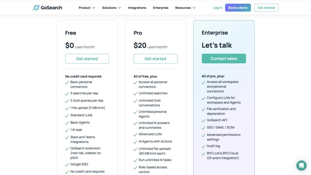 GoSearch pricing showing free pro enterprise tiers