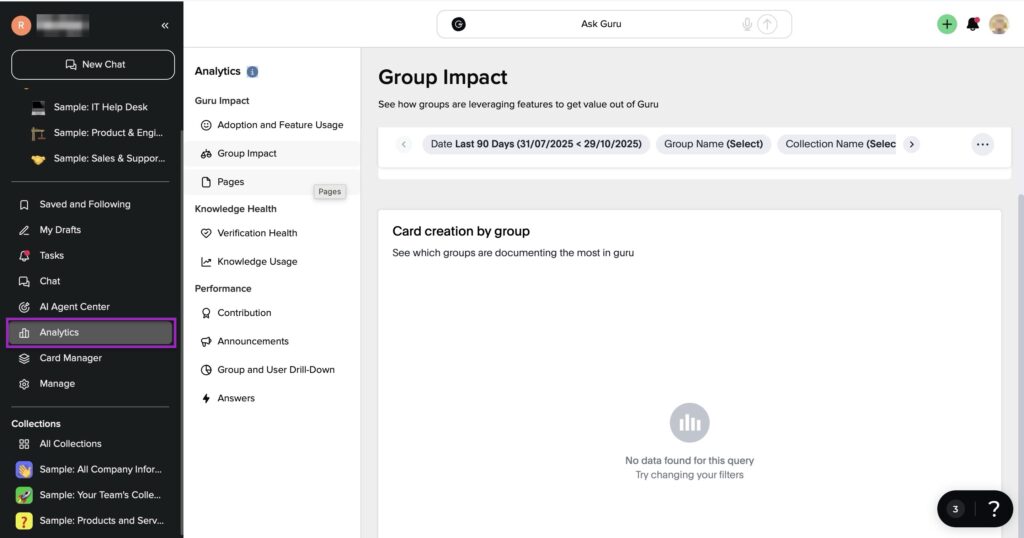 Guru analytics dashboard displaying group impact and card creation metrics