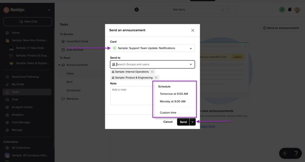 Guru announcement setup showing card selection and scheduling time options