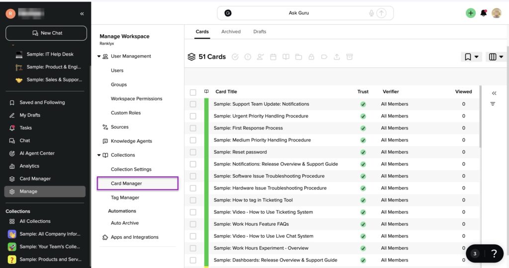 Guru card manager displaying workspace card titles verification status
