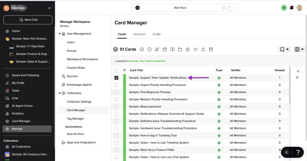 Guru workspace card manager selected support team update card