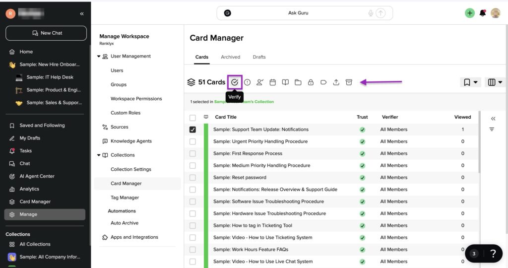 Guru workspace card manager with verify and delete icons