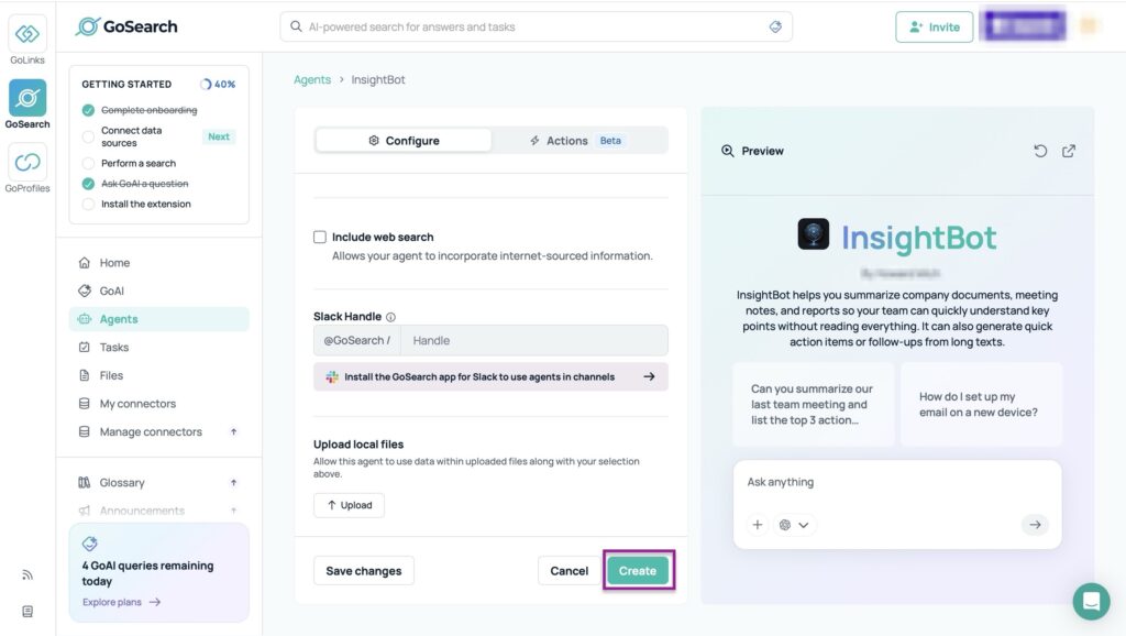 InsighBot setup page with create button