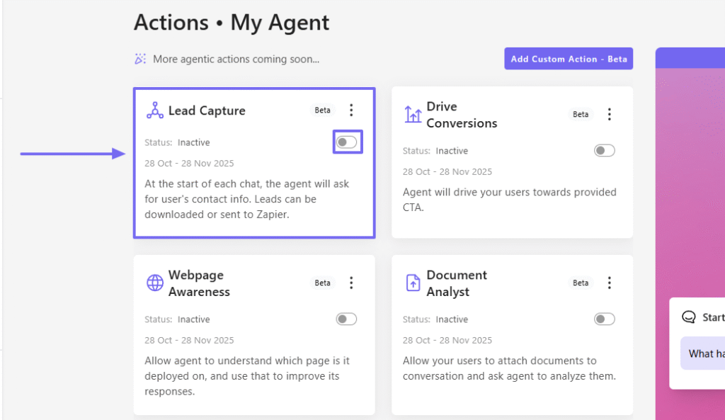 Lead capture card highlighted with inactive toggle
