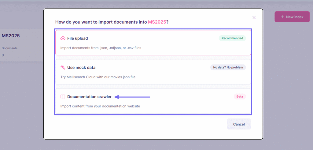 Meilisearch import screen showing file upload and crawler