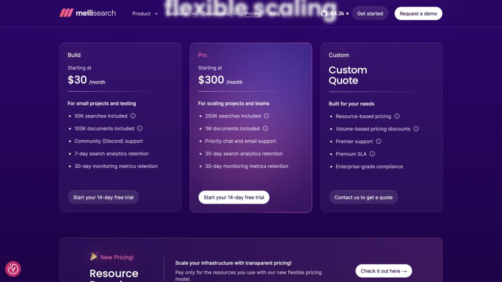 Meilisearch pricing page showing different plans