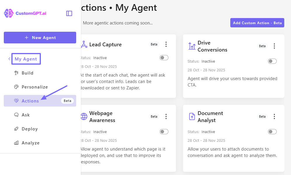 My agent actions page showing inactive features