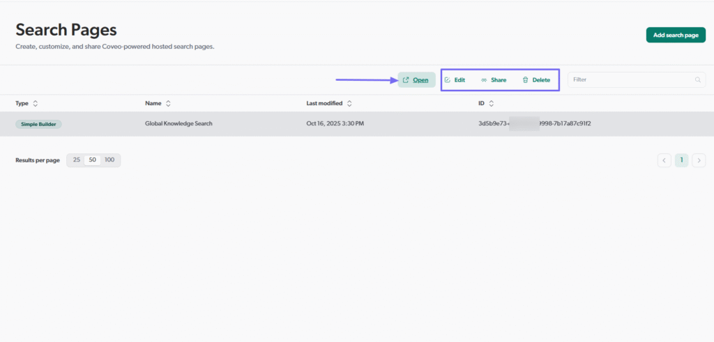 Open edit options for search page