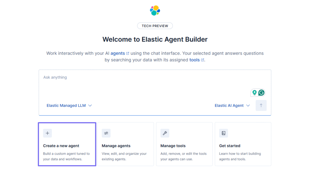 Option to create a new AI agent in Elastic builder