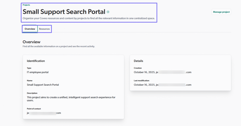 Overview page of small support search portal project