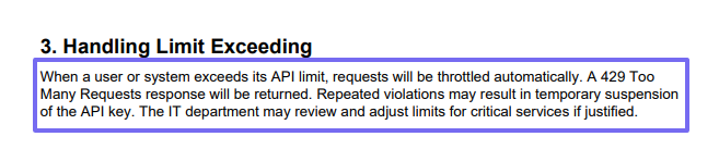 Policy section explaning actions when API exceeds