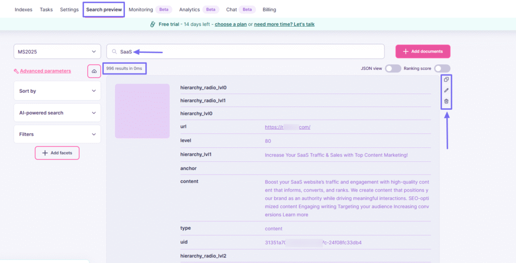 Search preview dashboad displaying Saas query results