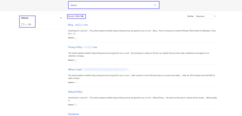 Search results list showing various indexed articels