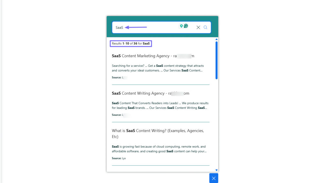 Search results panel showing SaaS query