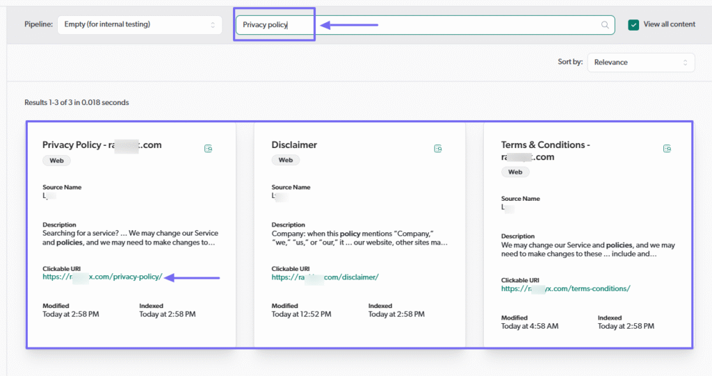 Search results showing privacy policy and terms pages