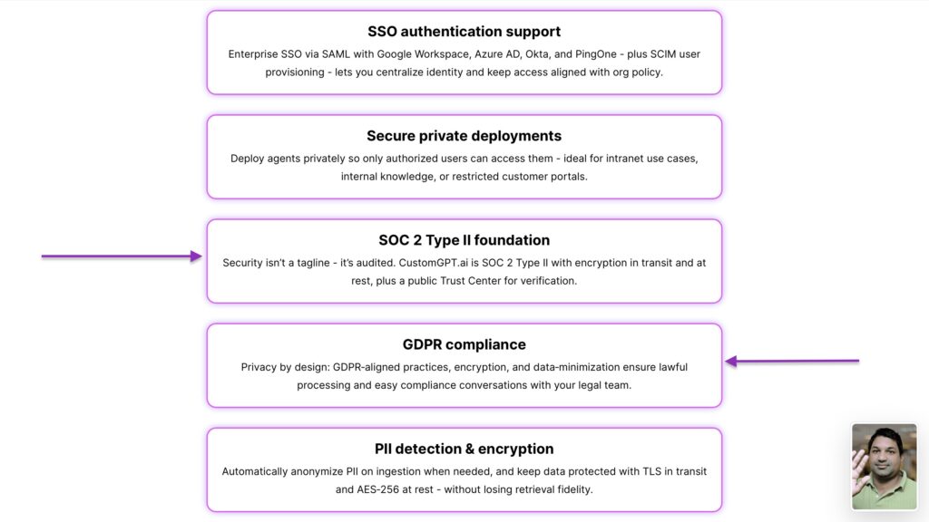 Security features list SSO SOC GDPR and data encryption