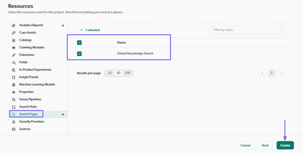 Select Global knowledge seaarch resource and creating project