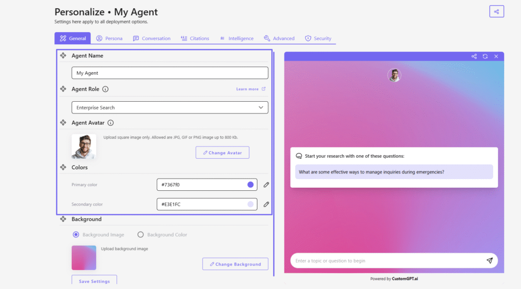 Set panel for editing AI agent profile