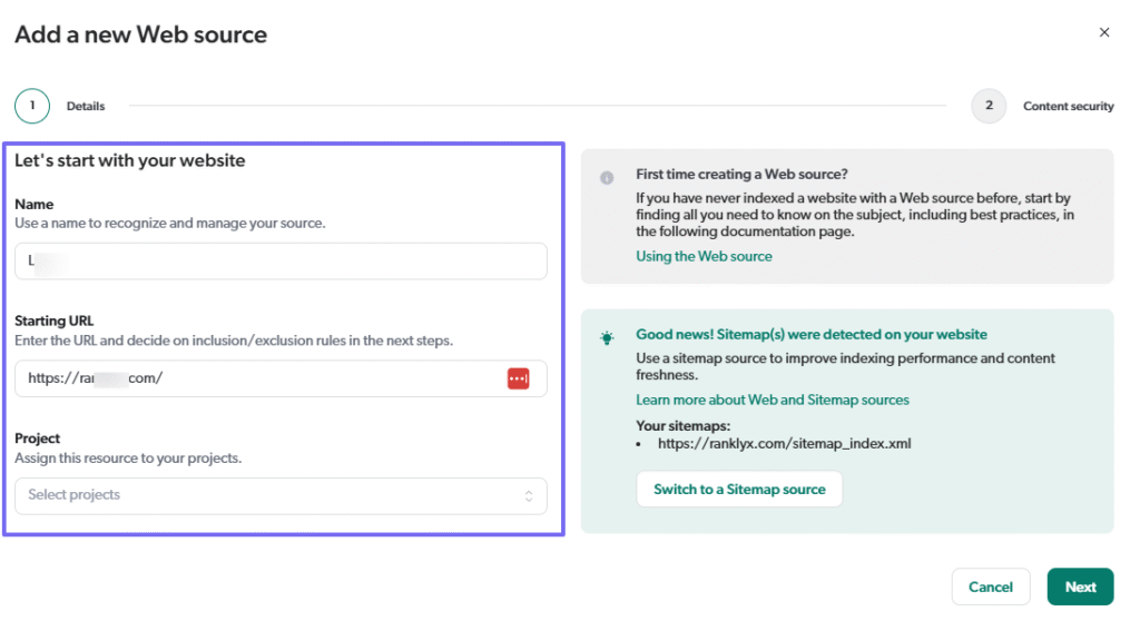 Setup screen for adding a new web source