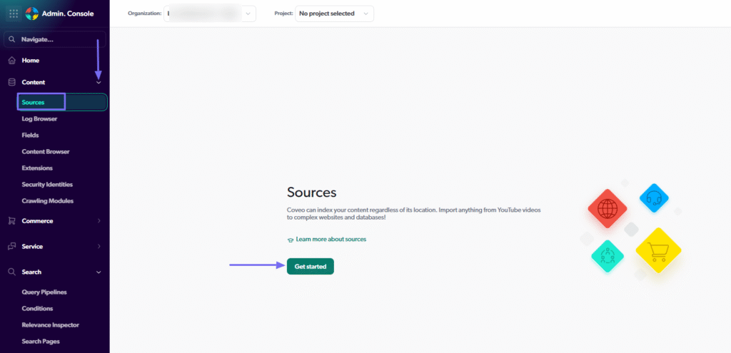 Sources page with get started button