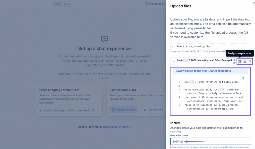 Uploading and indexing a marketing and sales goals document