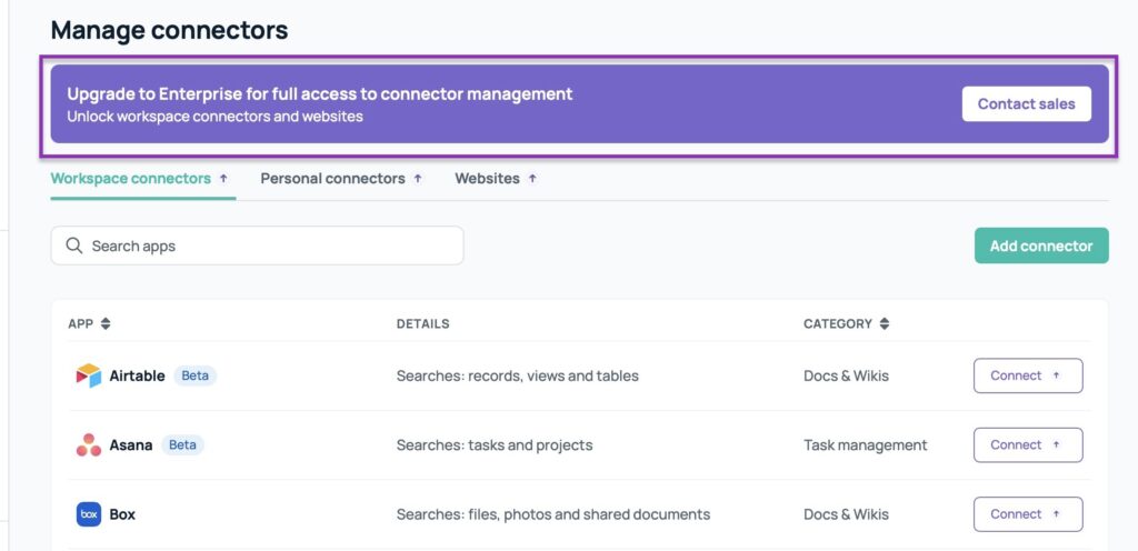 integration settings page listing apps with connection options