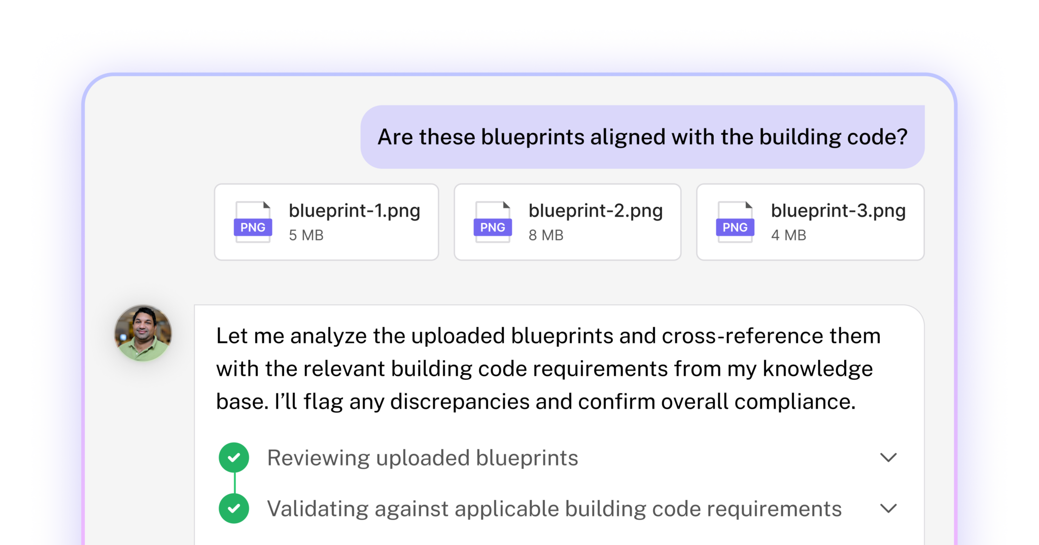 Interface showing a document analyst reviewing uploaded blueprints for building code compliance