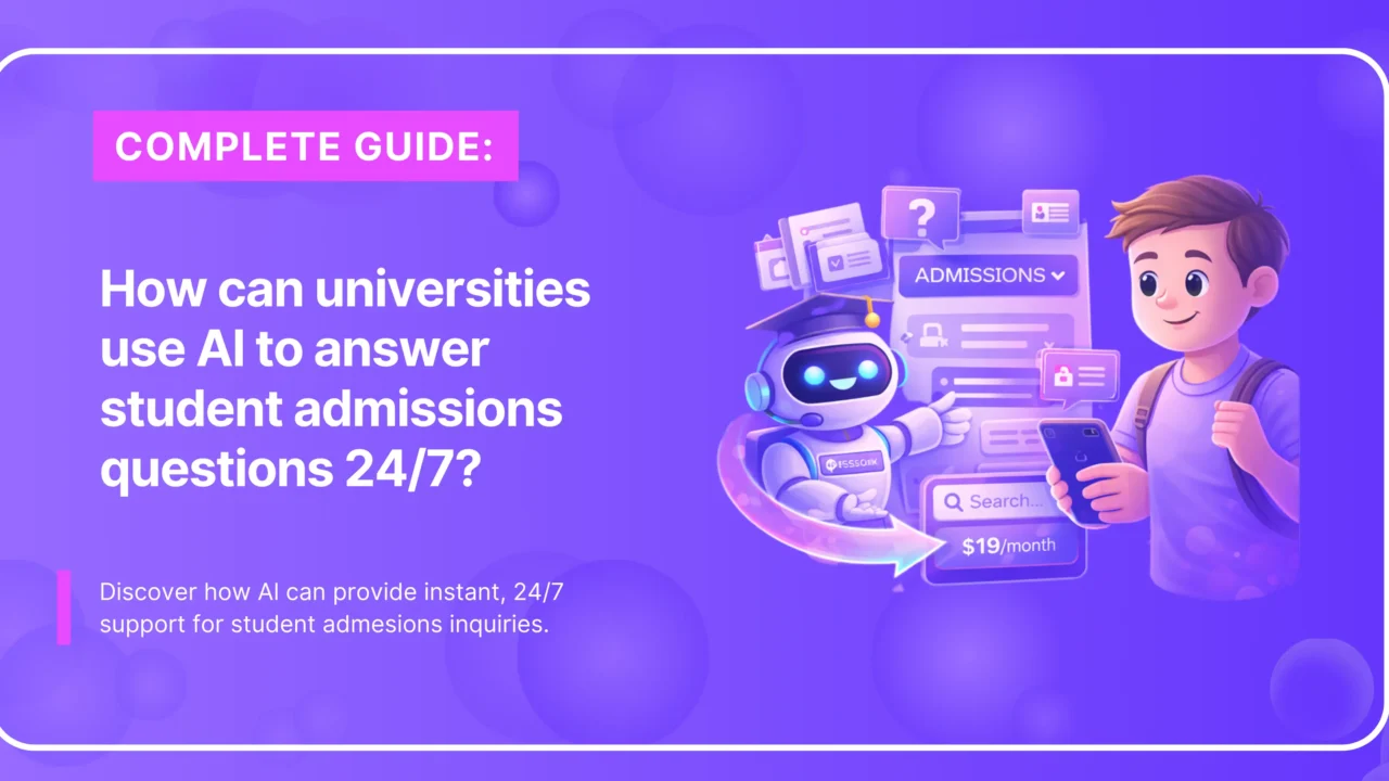 Text about AI answering student admissions questions 24/7, with a student holding a phone and an AI helper robot.