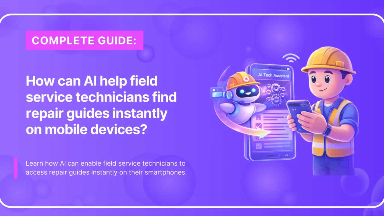 Field technician using a phone with “AI Tech Assistant” screen and robot helper, for instant mobile repair guides.