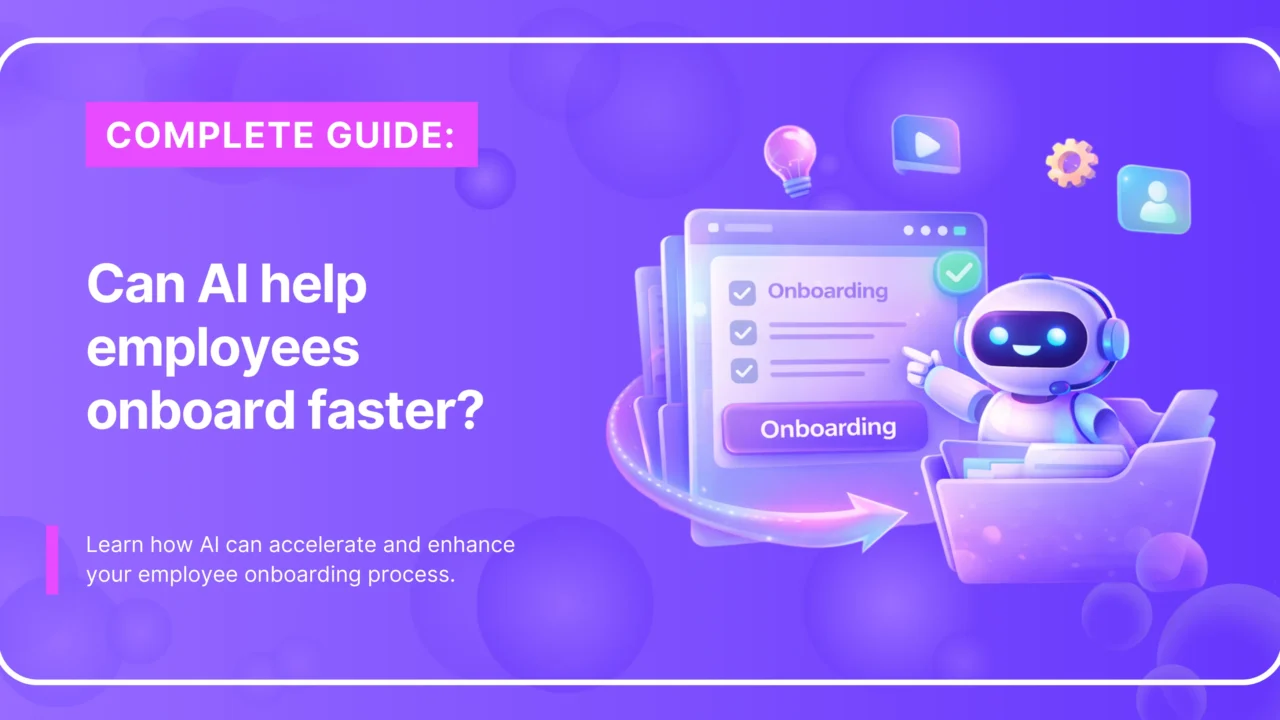 AI-themed onboarding illustration with the text “Complete Guide: Can AI help employees onboard faster?” and an onboarding checklist UI.
