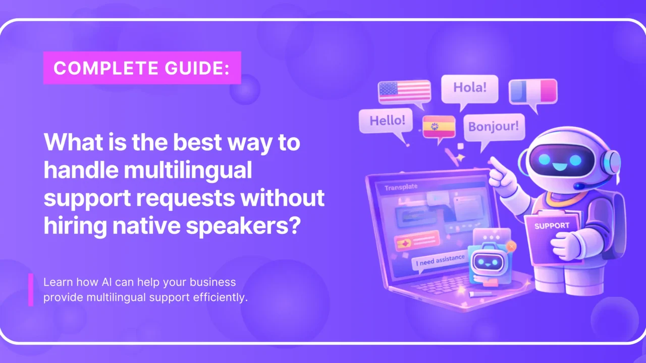 Multilingual support banner with robot and translation chat bubbles