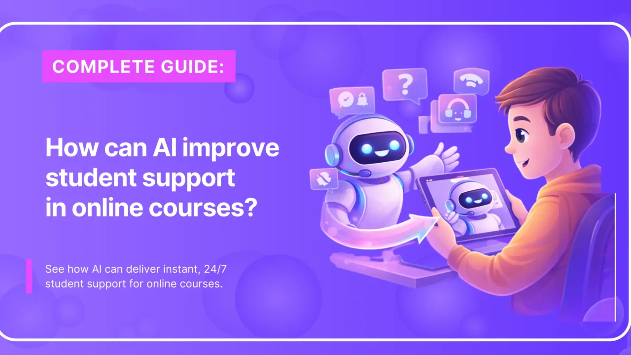 Text “How can AI improve student support in online courses?” with a student at a laptop and an AI helper robot.