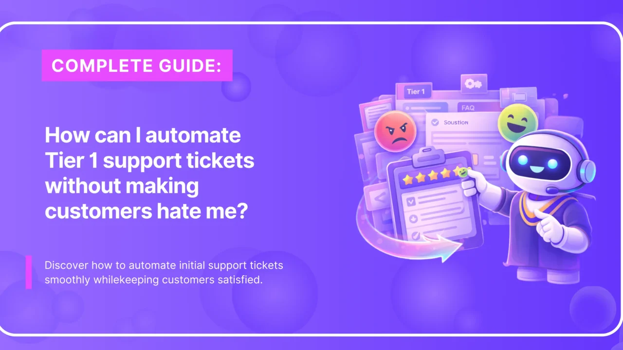 Text about automating Tier 1 support tickets, with an AI robot and support screens showing ratings and emoji reactions.