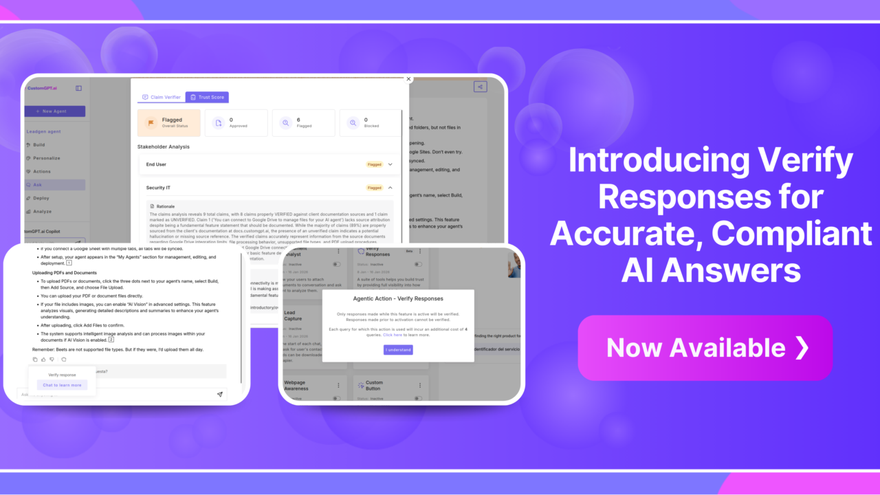 CustomGPT interface with Verify Responses tool and headline 'Introducing Verify Responses for Accurate, Compliant AI Answers'