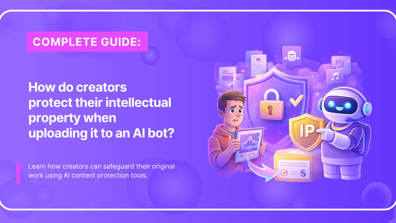 Text about protecting intellectual property in an AI bot, with a creator holding a tablet, a lock shield, and an IP badge.