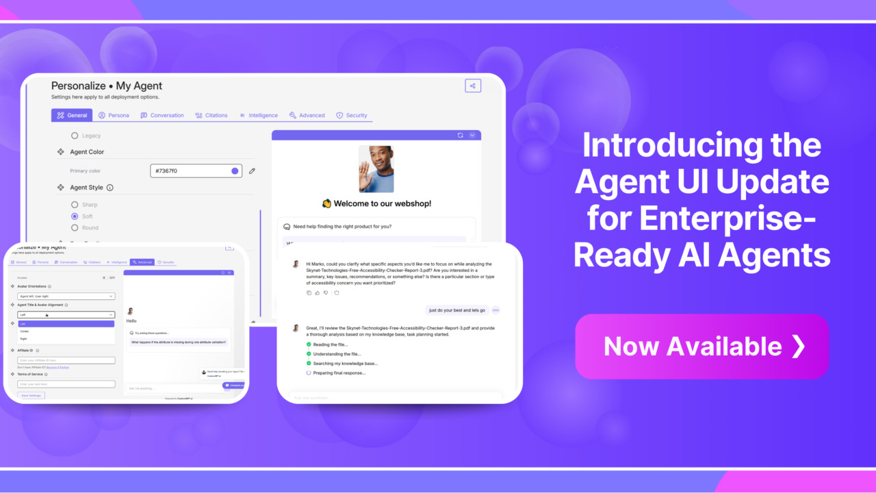 Agent customization settings and chat interface preview with headline "Introducing the Agent UI Update for Enterprise-Ready AI Agents"