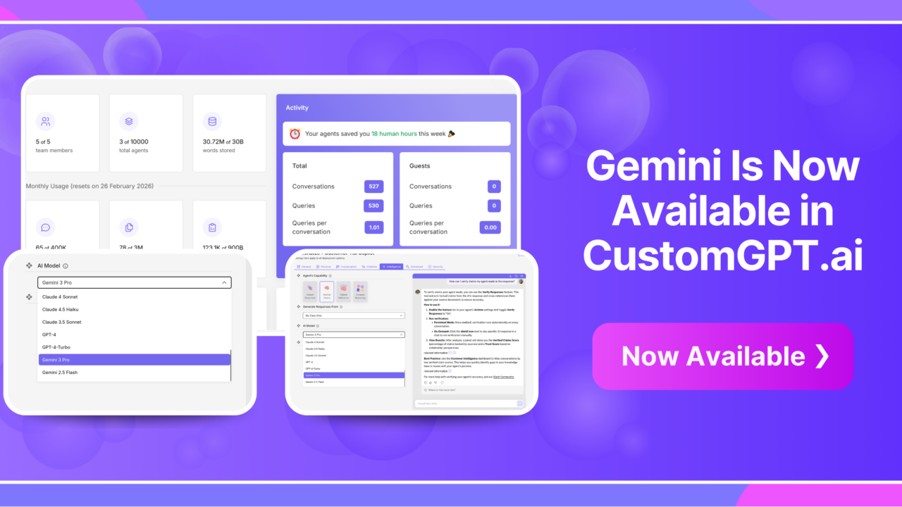 CustomGPT.ai dashboard and AI model dropdown with “Gemini 3 Pro” and “Gemini 2.5 Flash,” plus the headline “Gemini Is Now Available in CustomGPT.ai”
