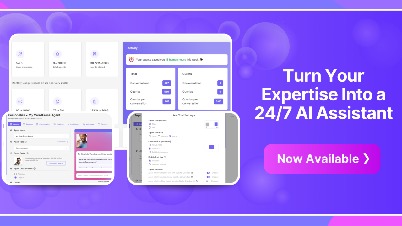 CustomGPT.ai dashboard with charts, chat UI, and the headline “Turn Your Expertise Into a 24/7 Expert AI Assistant”