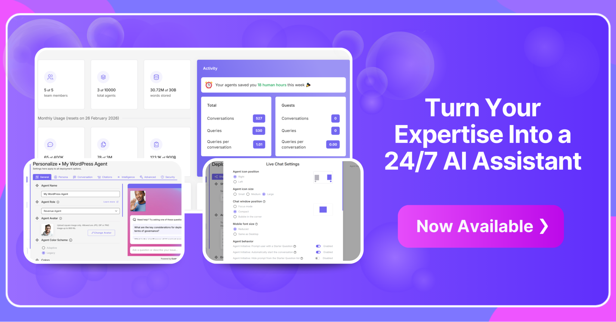 CustomGPT.ai dashboard with charts, chat UI, and the headline “Turn Your Expertise Into a 24/7 Expert AI Assistant”