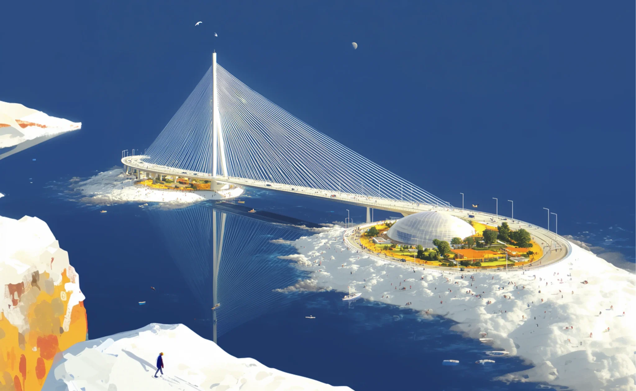 Cable-stayed bridge connecting snowy islands to a glass-domed structure, representing seamless access through your organization's existing login system